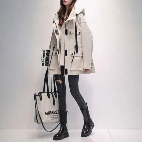Autumn and Winter Khaki Stitching Windbreaker Korean Thin Trench Coat Women Hooded Plaid Loose Jacket