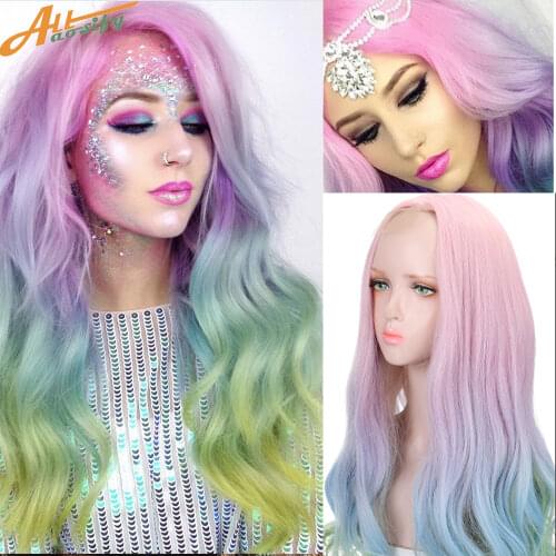 Allaosify Synthetic Long Wavy Lolita Cosplay Wig Pink Blue Green Gradient Color Natural Anime Wigs for Women