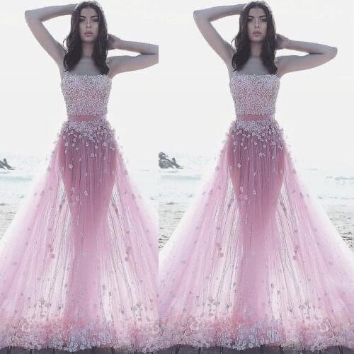 SuperKimJo Vestidos De Fiesta De Noche Two Piece Prom Dresses Long 3D Flowers Elegant Sexy Pink Prom Gown Robe De Soiree