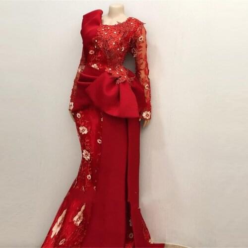 Muslim Mermaid Evening Dresses Big Bow Long Sleeves Beads Appliques Aso Ebi Prom Dress Red Plus Size vestidos de fiesta Flowers