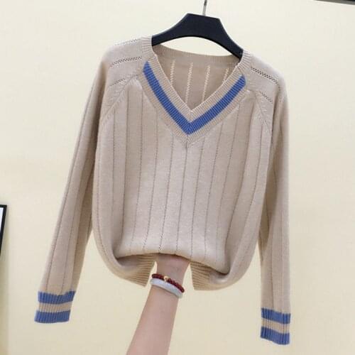 Shintimes Hollow Out Knitted Pullover Women Long Sleeve 2020 Fall V-Neck Sweater Female Contrast Color Casual Womens Pull Femme