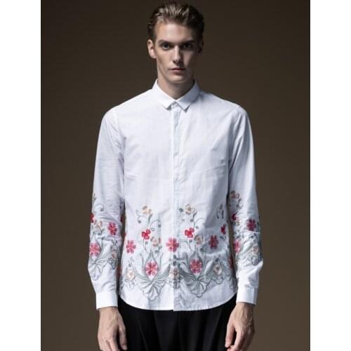 Free shipping new mens male man 2019 autumn embroidered embroidery base 100% cotton white long-sleeved shirt B193113094
