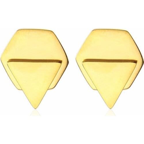 RIR Stainless Steel Gold Geometric Double Layer Hexagon Triangle Stud Earrings Creative Female Jewellery Earrings
