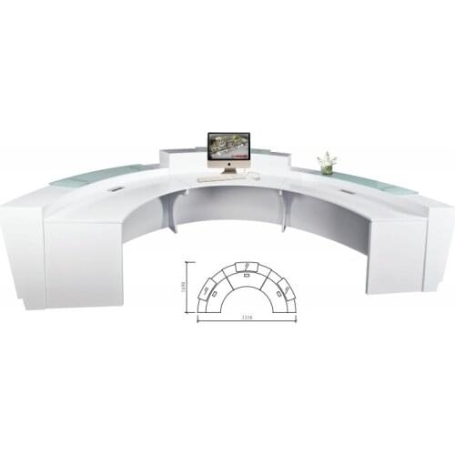 High quality semi-circle half round exhibition glass top reception counter desk design for reception area QT3316