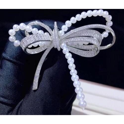 Natural fresh water pearl bowknot brooch 925 sterling silver with cubic zircon cute romantic fine women jewelry free shipping