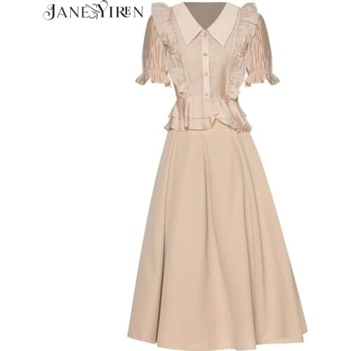 Janeyiren Fashion Runway Summer Skirts Suit Womens Turn-down Collar Puff sleeve Ruffles Top＋High waist Midi Skirts 2 Pieces Set
