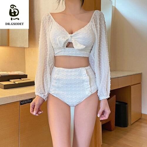 GSODET Swimsuit 2021 New Women Summer High Waist Halter Elegant White Solid Push-Up Bikini Set Bathing Suit Swimwear Beachwear