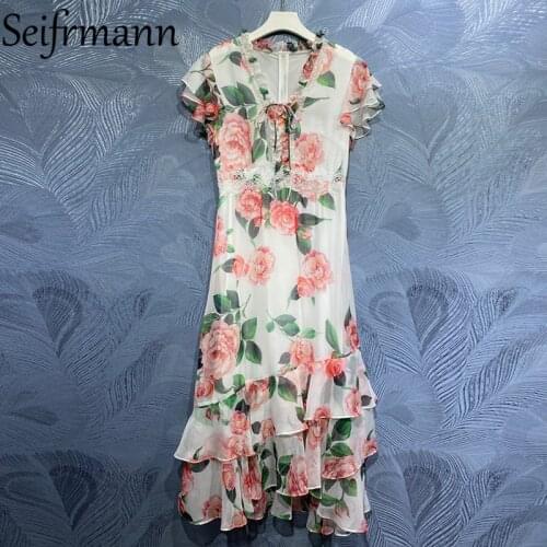 Seifrmann New 2021 Summer Women Fashion Runway Asymmetrical Dress Short Sleeve Gorgeous Ruffles High Waist Print Long Dresses
