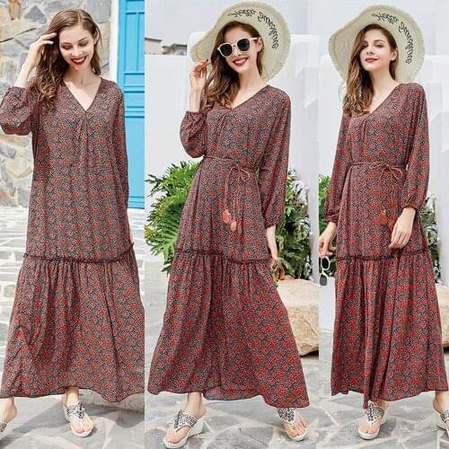 L-3XL Fashion Women Long Dress Floral Print Long Sleeve V-neck Maxi Dress Holiday Casaul Loose Elegant Ankle Length Vestido New