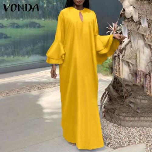 Women Elegant Dress 2021 VONDA Vintage Solid Color Long Maxi Dress Summer Long Sundress Female Robe Casual Vestido Plus Size