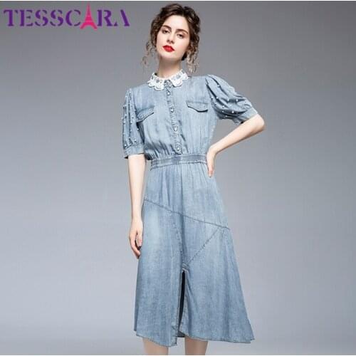 TESSCARA Women Summer Elegant Beading Denim Dress Shirt High Quality Asymmetrical Party Robe Femme Lace Designer Casual Vestidos