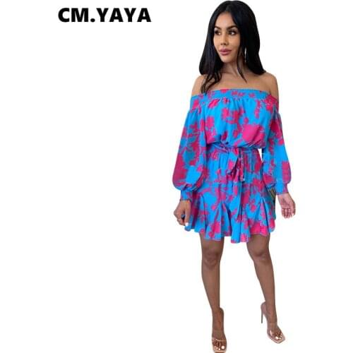 CM.YAYA Women Mini Dress Print Full Sleeve Bandage Sashes Ruffles Loose Dresses Fashion Streetwear Vestidos Summer Outfits 2021