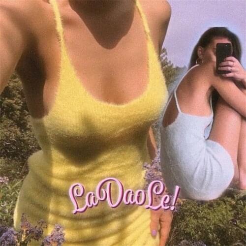 2021 Print Knit Bodycon Dress Women yellow Y2K Summer Hollow Out Sexy Sleeveless Spaghetti Strap Beach Midi Dresses Party robe