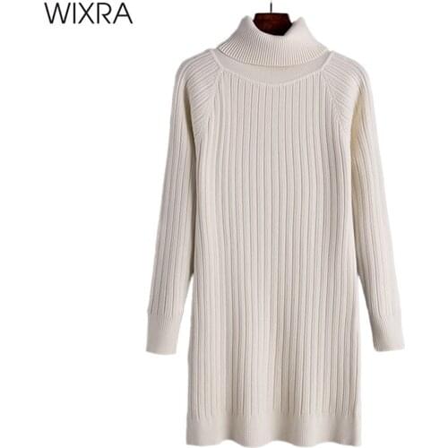 Wixra Knitted Sweater Dress Womens Skinny Solid Slim Fit Basic Turtleneck Pullovers Casual Clothing Female Autumn Winter