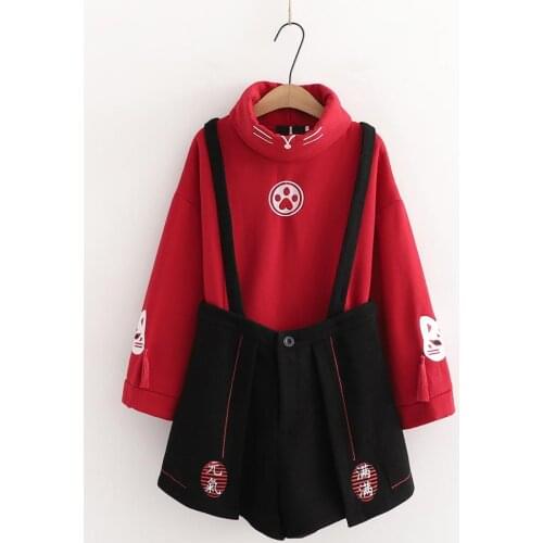 Winter Turtleneck Vintage Hoodie Women Harajuku Cute Cat Fleece Sweatershirt Lolita Anime Cosplay Soft Girl Christmas Red Hoodie