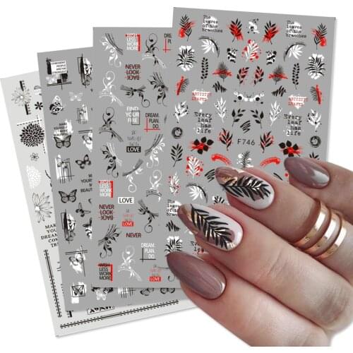 1pc Black Leaf Summer Nail Sticker English Gothic Butterfly Adhesive Sliders Nail Decoration Manicure Charm Design NTF742-751