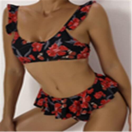 2021 Women’s Flower Printed 2Pcs Bikini Suit Low Neckline Tank Tops with Ruffled Triangle Bottom Sexy and Fashionable Swimwear