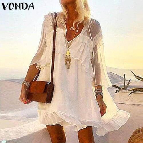 VONDA 2021 Summer Sundress Sexy Mini Dress Women Party See through Dress Vintage Long Sleeve Beach Lace Dresses Bohemian Vestido