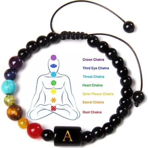 7 Chakra Bracelets Natural Red Agat Black Onyx Turquois Tiger Eye Stone Beads Bracelet Men 26 Letters Charm Braid Jewelry Bangle