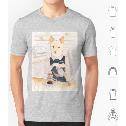 Barista Shiba Sakurako T Shirt Men Cotton Barista Coffee Animal Portrait Shiba Shiba Inu Kawaii Watercolor Cafe