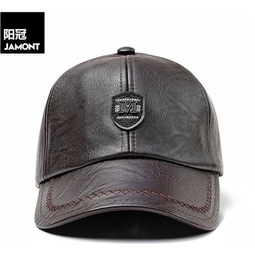 JAMONT autumn Winter Warm Baseball Cap PU Mens Leather Baseball Caps Dad Hats for Men Black Hat Men Ear Protection Baseball Cap