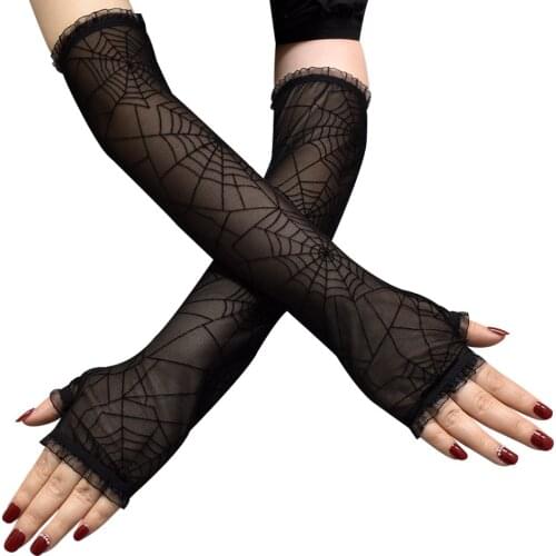 Halloween Long Spider Pattern Meshsexy Lace Fashion Personality Prom Cosplay Sun Protection Cycling Elasticity Mittens Gloves