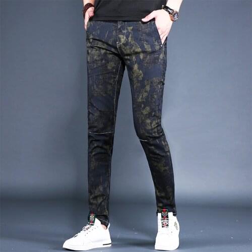 Korean Style Men Stretch Camouflage Jeans 2021 Summer Drawstring Jean Fashion Slim Fit Pencil Pants Streetwear Denim Trousers