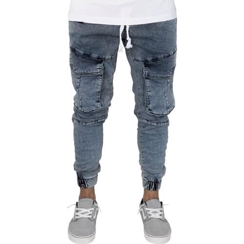 Men Jeans Pants Slim Fit Elastic Waist Jeans Casual Big Pockets Stretch Skinny Denim Pencil Pants Pantalones