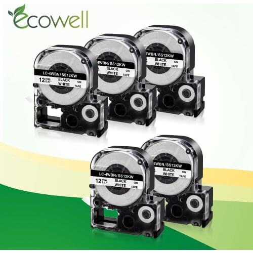 Ecowell 5pcs 12mm SS12KW LC-4WBN Black on White Compatible for Epson LW-300 LW-400 LW-600P LW-700 LC-4WBN9 Printer label maker