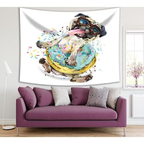 Tapestry Happy Little Dog Puppy with Sunglasses Fun Cartoon Watercolor IIlustration Beige Yellow Blue