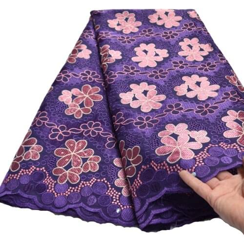 Hot sale 5 Yards purple High quality African Swiss Voile Lace with stones for wedding Cotton voile suisse dentelle Fabric-M13055