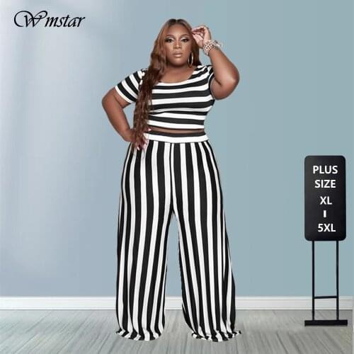 Two Piece Set Women Plus Size Clothing Summer Stripe Crop Top Elastic Waist Casual Wide Leg Pants Sets Wholesale Dropshipping