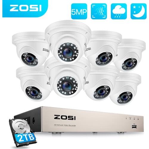 ZOSI H.265+ 8CH 5MP POE NVR Kit CCTV Home Security System 8pcs 5MP Waterproof Dome IP Camera Home Video Surveillance Set