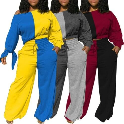 Plus Size Patchwork 2 Pieces Sweatsuit Set Sexy Slash Neck Top And Wide Leg Casual Pants Woman Fall Winter Tracksuit L-4XL