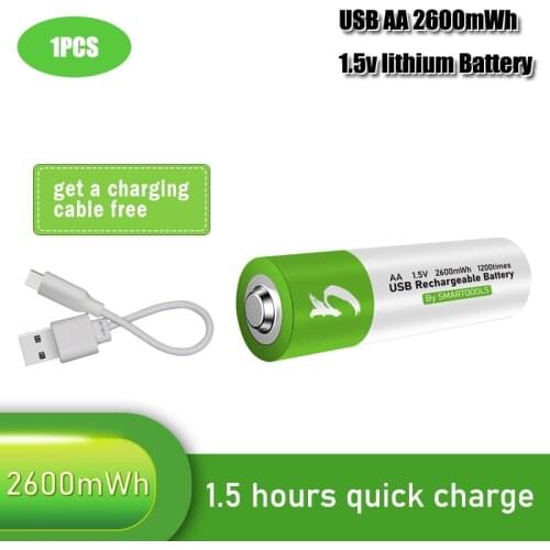 100% capacity 1.5V AA li-ion Battery 2600mwh li-polymer with USB rechargeable lithium usb battery + USB cable