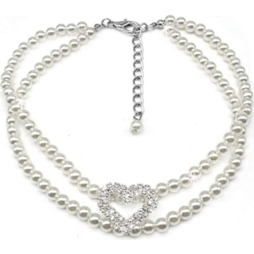 Pet Cute Pearl Collar Necklace with Rhinestone Heart Princess Wedding Collar for Small Dogs Cats Kitten Puppy Rabbits, White