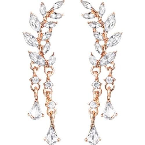 Fashion New Sweet Pop Leaves Leaves Tassel Crystal Water Drop Ear Stud Earrings Friends Wedding Gifts