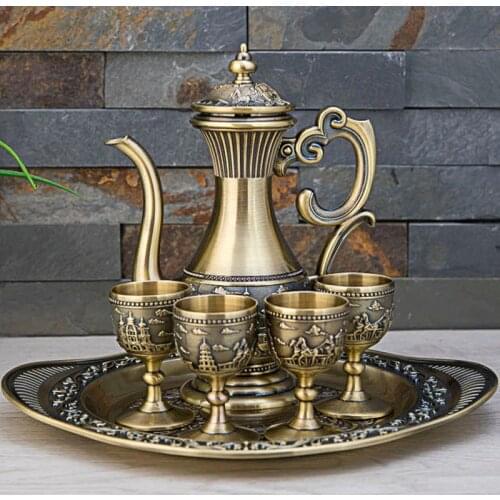 Vintage Home Decor Russian Europe Wine Cups Pot Plate Set Metal Art Craft Creative Gift Bar Hotel Coffee Tea Set Antique Decor