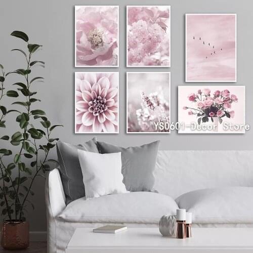 Wall Art Canvas Nordic Pink Flower Blossom Rose Peony Painting Posters and Prints Picture Home Living Room Decor (No Frame)