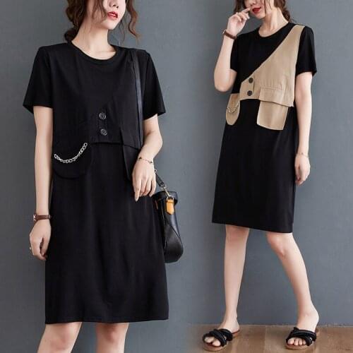 New Summer Dress Fashion Plus Size Design Sense Stitching Fake Two-piece Dress Women Black Loose Mid-length Vestidos aq478