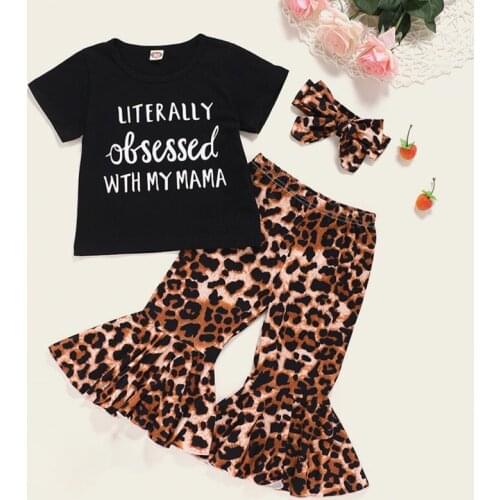 New Arrival Baby Girl Clothing Newborn Clothing Alphabet Printing Short Sleeve Top + Leopard Flare Pants + Headscarf Set