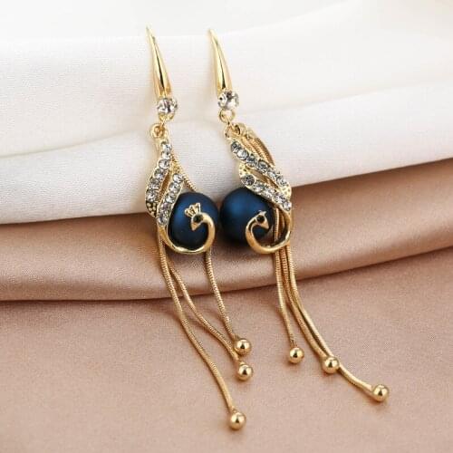Retro Luxury Long Tassel Crystal Peacock Dangle Earring Exquisite Girl Inlay Zircon Pearl Earring Elegant Lady Cocktail Jewelry