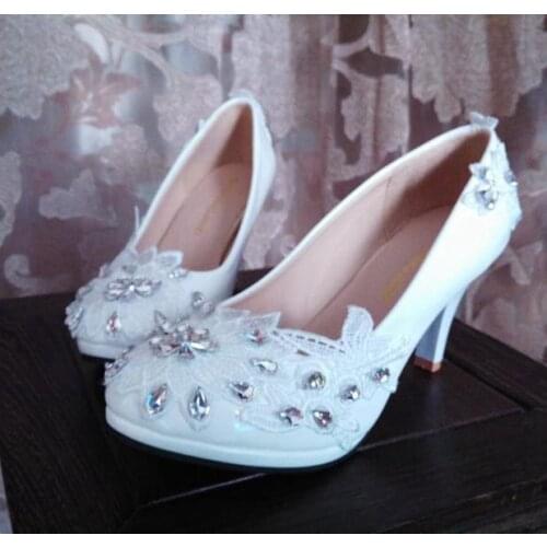 Luxury shinny bling silver crystal rhinestones heels wedding shoes woman platforms brides white lace bridal shoes in stock