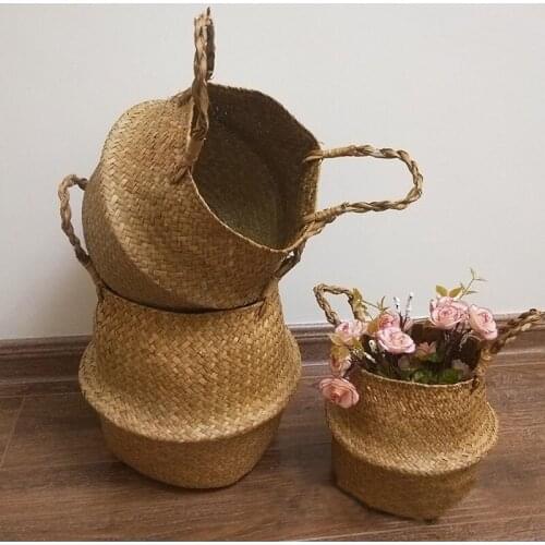 Handmade Straw Weave Brown Original Flowers Basket Flower Cover Garden Decoration Portable Folding Basket Plant Flower pot