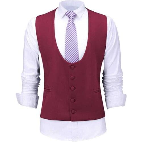 Burgundy Groom Vests Stylish Five Buttons U Neck Vest Two Pockets Custom Made Slim Fit Wedding/Prom/Dinner Waistcoat