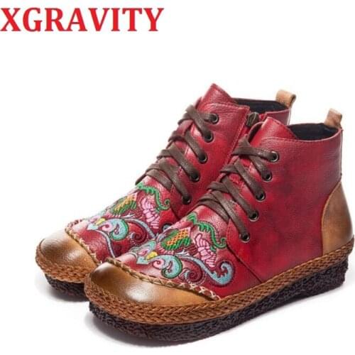 XGRAVITY New Original Hand-made Embroidery Women Flat Shoes Cow Leather Ladies Boots Ethnic High Quality Winter Shoes WarmS143
