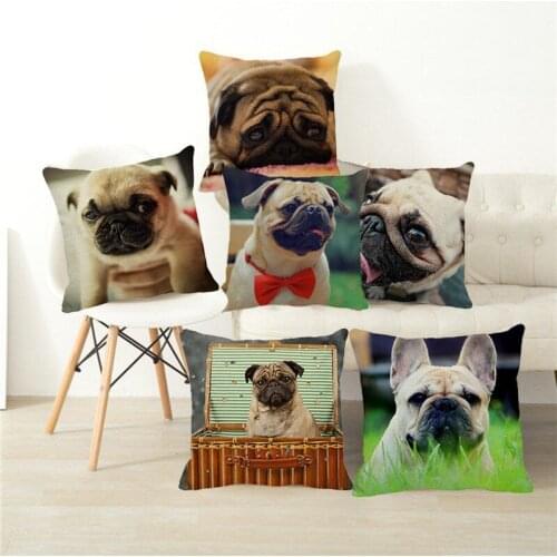 XUNYU Funny Pet Cushion Cover Pugs Throw Pillow Case Linen Cushion Case Sofa Bed Decorative Pillowcase 45x45cm C0072