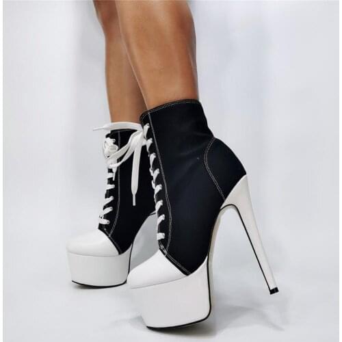 New Arrival Girls Black White Patchwork High Heel Ankle Boots Woman Fashion Round Toe Platform Lace Up Casual Short Boots