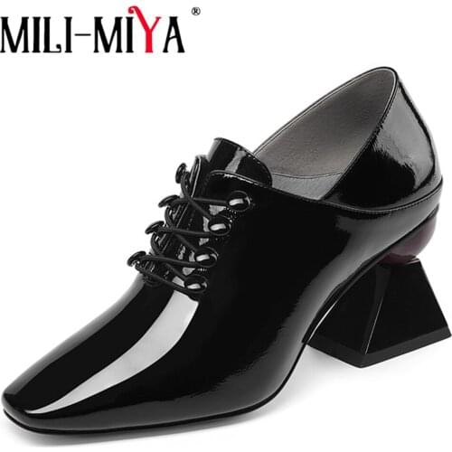 MILI-MIYA Women Pumps Classic Design Patent Leather Strange Heels Lace-Up Office&Career Spring/Autumn Shoes Big Size 34-43