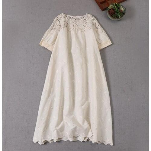 Japan Style Mori Girl Embroidery Hollow out Lace Dress Women O-Neck Short Sleeve Long Dresses